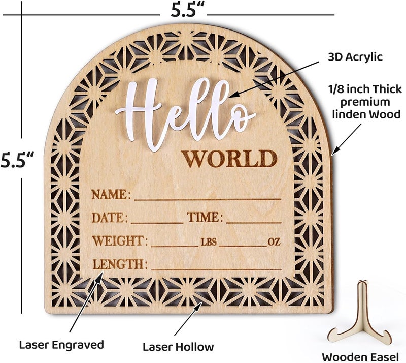 HOUISM Bleed Proof Engineered Wood, 5.5 Inch Wooden Birth Announcement Sign with Easel Stand, 3D Arcylic Hello Sign, Newborn Announcement Plaque for Girl Boy Photo Prop Baby Shower Nursery Hospital - Birch - Image 3